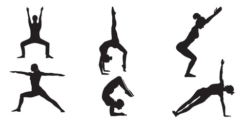 Yoga pose Slim sportive young woman doing yoga & fitness exercises. Healthy lifestyle. Set of vector silhouette illustrations design isolated on white background.