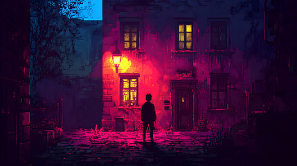 Silhouette of Person Standing in a Narrow European Street with Vintage Building Glowing Windows and Old Streetlight During Night with Dark Blue Sky Pixel Art
