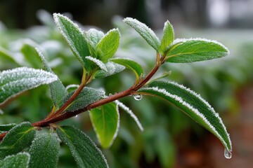 This vibrant image features fresh green leaves dashed with frost, glimmering under soft light, representing the beauty of nature in its sparkling, icy form.
