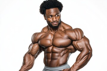 Fototapeta premium An African American athlete is featured in a studio pose, showcasing their well-developed muscles