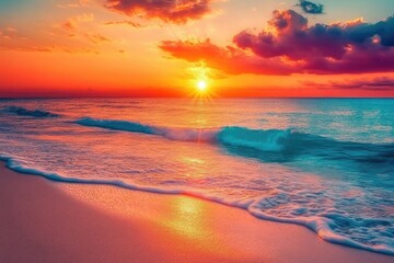 A vibrant sunset over a calm ocean with a sandy beach and gentle waves lapping at the shore