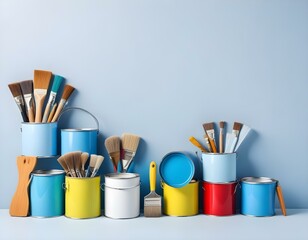 Instruments for renovation apartment room isolated on white and blue background. accessories for gluing, painting tools. Colorful paint cans. Concept of repair home. Copy space for advertisement.
