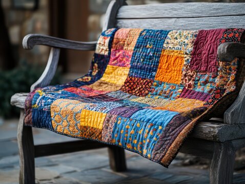 A handcrafted quilt resting a vintage wooden bench, each patch featuring cultural textile patterns sewn toger in a visually stunning mosaic, a blurred background for depth