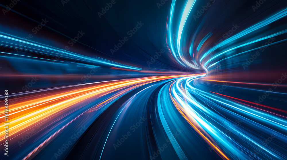 Poster illuminated speed tunnel: the image captures the mesmerizing visual of glowing light streaks in a tu