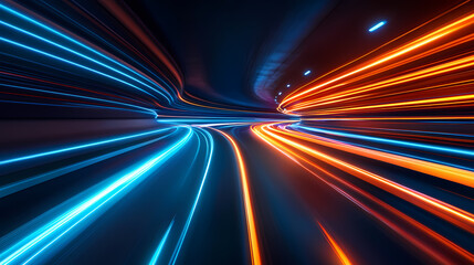 Speed of Light: Abstract streaks of vibrant blue and orange light trace a dynamic path through a dark tunnel, suggesting rapid movement and technological advancement.