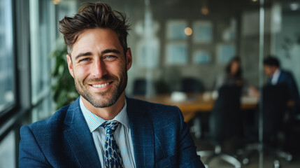 Fototapeta premium Confident young man smiling in business suit, corporate office