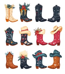 Festive cowboy boots and hats collection.