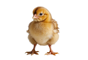 Cute fluffy baby chick standing upright on white background in studio light.