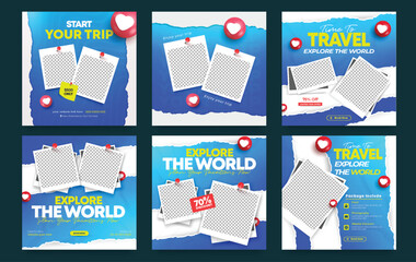 Travel and tourism social media post template design. Holiday summer vacation Tourism business marketing online poster banner editable set