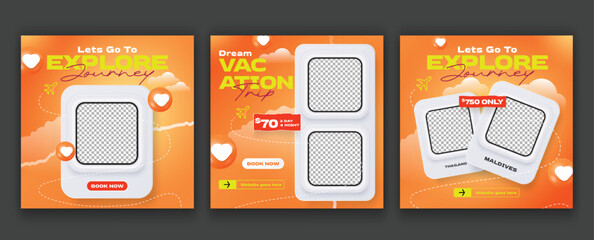 Set of travel sale social media post template. Summer beach holiday, traveling agency business offer promotion. Tourism advertisement banner design.