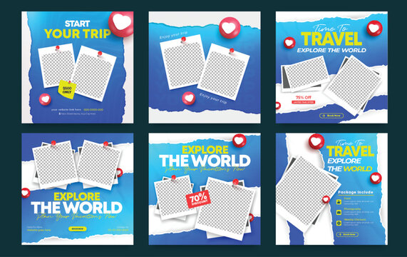 Travel and tourism social media post template design. Holiday summer vacation Tourism business marketing online poster banner editable set