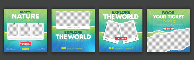 Summer Camp Adventure Trip social media post template. Travel web banner, Travelling agency beach holiday promotion banner with brush stroke background.