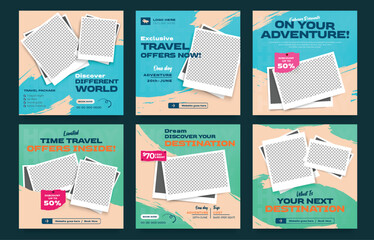 Summer Camp Adventure Trip social media post template. Travel web banner, Travelling agency beach holiday promotion banner with brush stroke background.