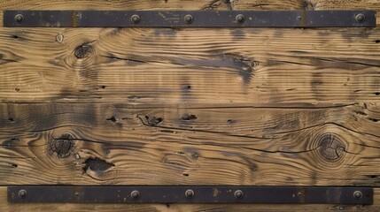 Weathered Oak Wood Planks with Black Wrought Iron Hardware, Rustic Wooden Background with Visible Grain and Texture
