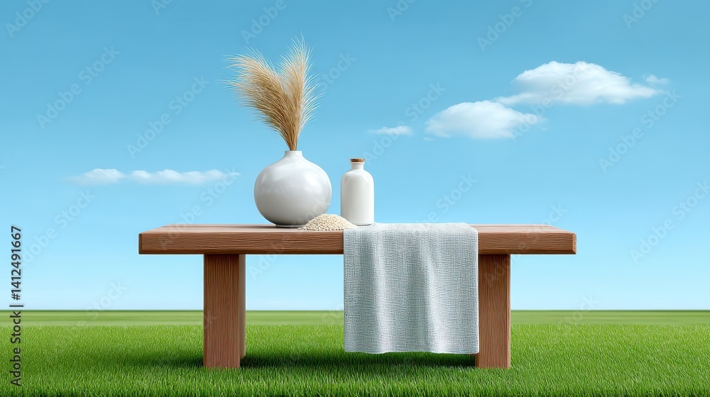 Poster a simple and calming display of natural elements like a vase and candle on a wooden table set agains