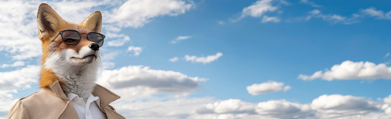Fox with Sunglasses on Blue Sky with Clouds: Anthropomorphic Fox wearing Sunglasses and Trench Coat on Panoramic Sky Background – Conceptual Banner with Copy Space