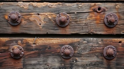 Obraz premium Weathered oak wood boards showcase antique wrought iron nails, exhibiting aging, rustic texture, and historical woodworking details