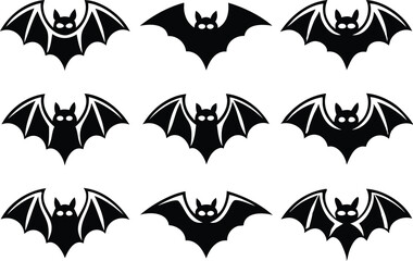 Collection of Nine Black Bat Silhouettes with Unique Wing Designs
