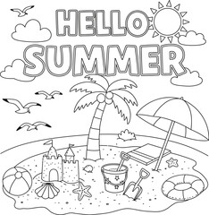 Hello summer coloring page for kids and adults with beach scene and summer elements coloring activity
