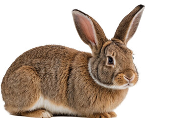 Obraz premium A brown and white rabbit sitting in a relaxed position, realistic style, on a white background. Concept of nature, pets,