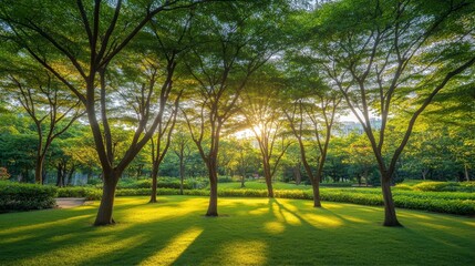 Naklejka premium Sunlit garden trees in golden morning light, a dreamy natural backdrop with soft bokeh