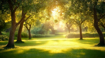Fototapeta premium Sunlit garden trees in golden morning light, a dreamy natural backdrop with soft bokeh