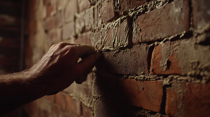 Mason applying finishing touches to a brick wall. Featuring masonry and construction