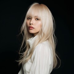 Naklejka premium A woman with long blonde hair and bangs wearing a white shirt