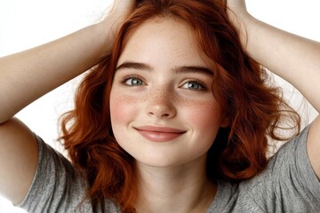 Fototapeta premium A fashion model with a positive aura, characterized by frizzy hair, minimal makeup, and a healthy complexion, is posed against a white backdrop, embodying skincare, haircare, and cosmetology ideals
