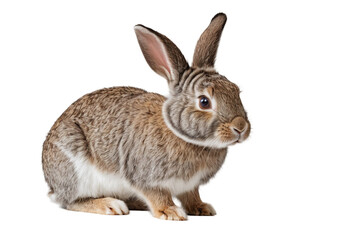 Fototapeta premium Brown and white rabbit sitting calmly on white background, side view close-up.