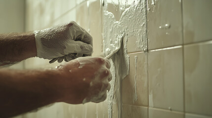 Mason applying grout between tiles in a bathroom. Precision and craftsmanship