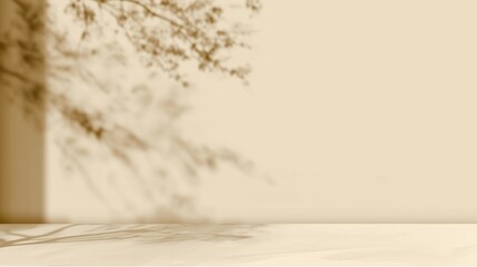 Abstract beige textured wall background with soft blurred shadows of tree foliage, natural organic pattern for minimalist product display mockup, summer season concept design. Neutral tone backdrop fo