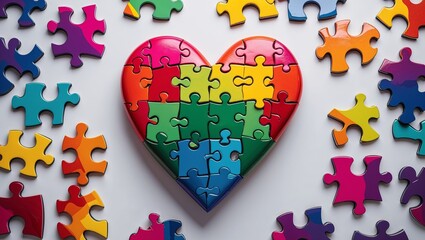 Vibrant heart made of colorful puzzle pieces with loose pieces around, symbolizing the many facets of family love