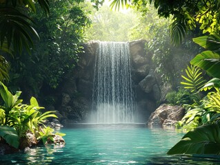 Emerald Cascade: A majestic waterfall plunges into a tranquil pool, surrounded by lush emerald vegetation, a testament to nature's artistry.