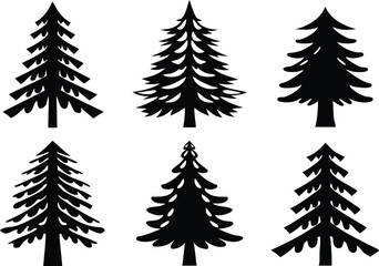 Fototapeta premium Set of pine tree silhouette icons, black vector evergreen illustrations with various shapes on white background, ideal for forest graphics, camping themes, nature decor, or winter scenes