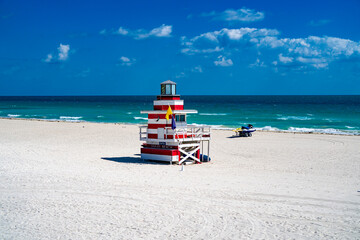 Miami Beach pier. Iconic lifeguard tower on Miami Beach. Scenic view of Miami Beach coastline....