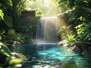 Serene Waterfall Oasis: a captivating waterfall cascading into a crystal-clear pool, creating a tranquil oasis with lush greenery and vibrant sunlight, and natural ambiance.