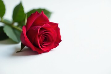 Fototapeta premium A single, velvety red rose rests on pure white , silky, smooth