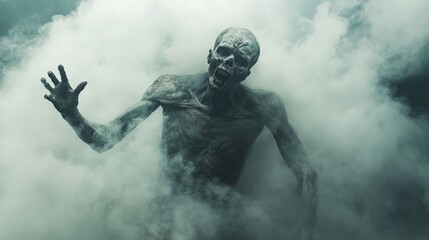 Fototapeta premium Emerging from a cloud of toxic fumes, a terrifying zombie reaches out with a menacing gesture, embodying the horrors of a post apocalyptic world ravaged by an undead outbreak