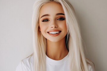 A cute blonde woman is shown applying cream to her face with a smile, posed in front of a grey backdrop, highlighting skin care