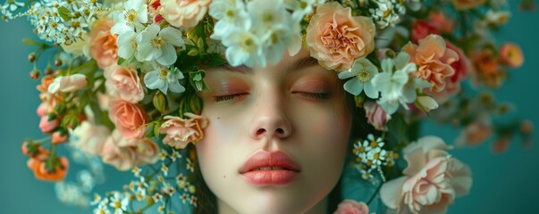 This captivating portrait features a woman with closed eyes, beautifully adorned with a colorful floral crown, radiating serenity and natural elegance.