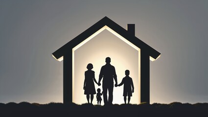 Silhouette of a family in a house frame, symbolizing home and unity, against a bright background