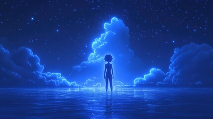 Fototapeta premium Silhouette figure stands at night, reflecting on starry clouds over water