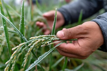 A close-up image of hands gently holding frosty rice ears, visually representing the nurturing aspect of agriculture and its deep bond with nature and growth.