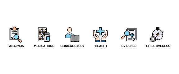 Clinical research banner web icon vector illustration concept with icon of analysis, evidence, clinical study, effectiveness, medications and health