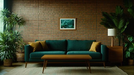 Urban jungle living room modern apartment design with green elements in a chic city environment