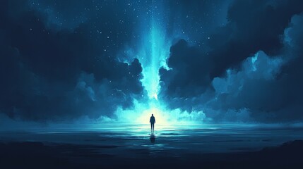 Fototapeta premium Silhouetted figure at night, celestial beam