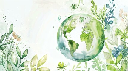 Watercolor Earth Day Concept with Green Plants and a Tree