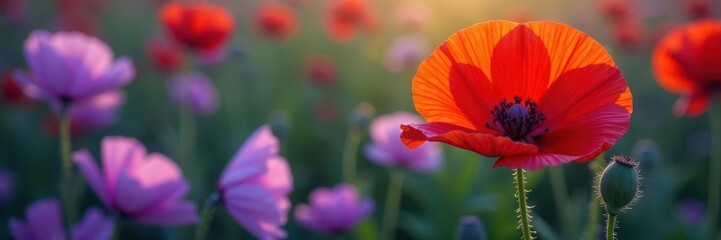 Crimson poppy, vibrant purple blooms surround , flower, petals, single poppy
