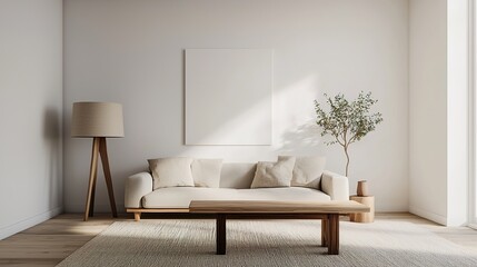 Modern minimalist living room design cozy interior space warm aesthetics soft textures natural light